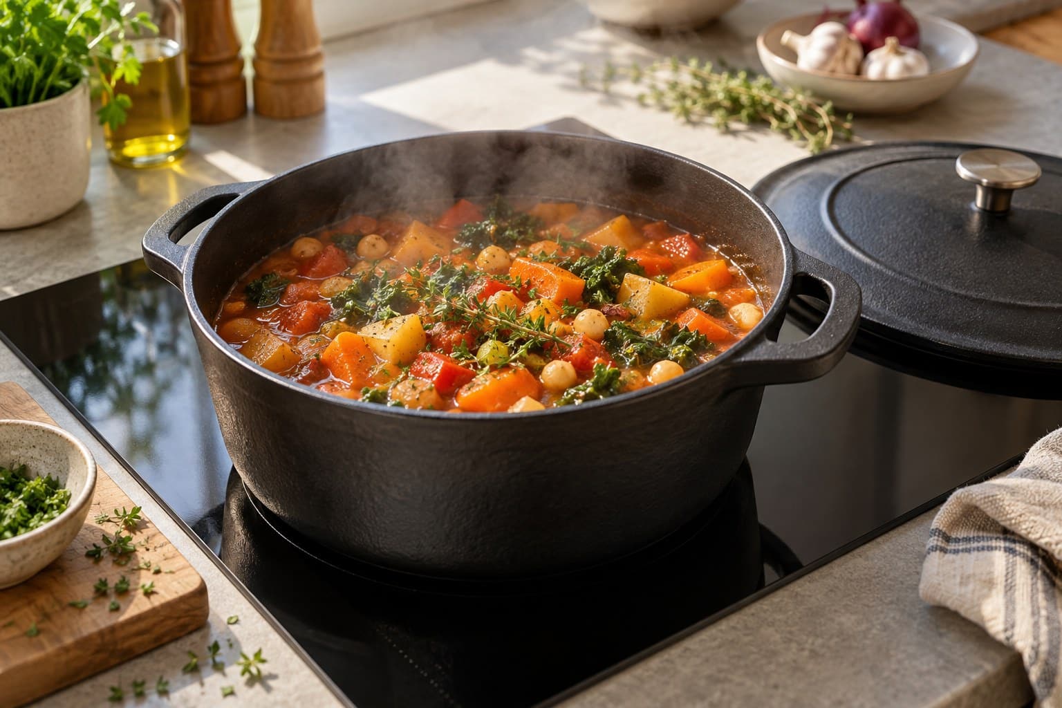 Stoofgerecht in een braadpan op een inductiekookplaat