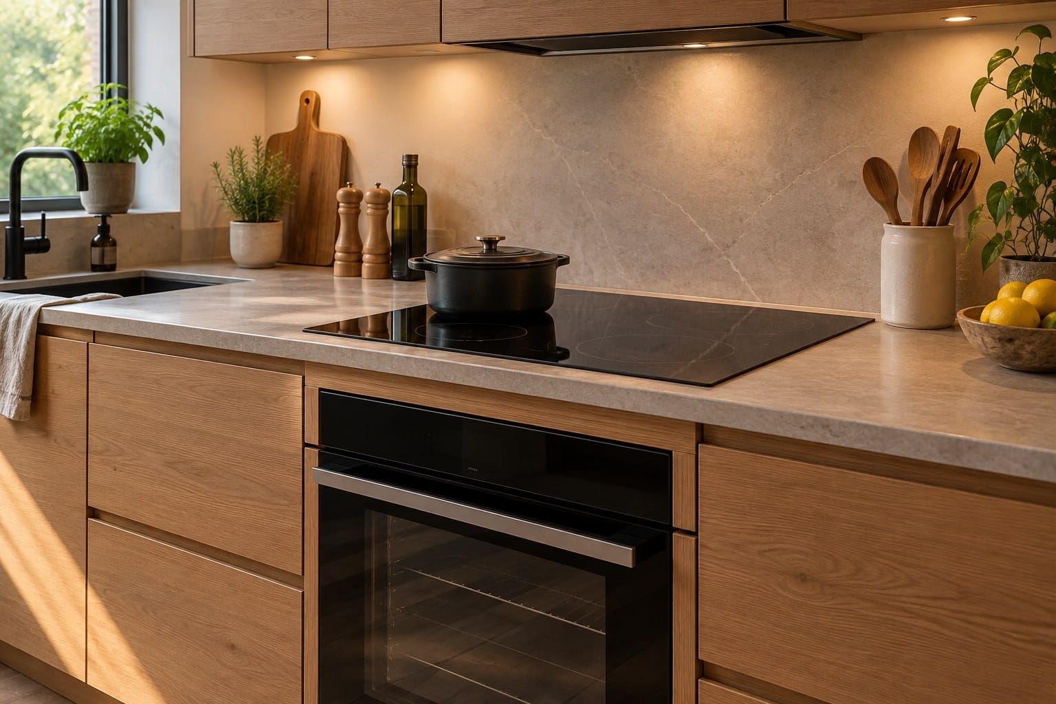 Ingebouwde oven onder een inductiekookplaat