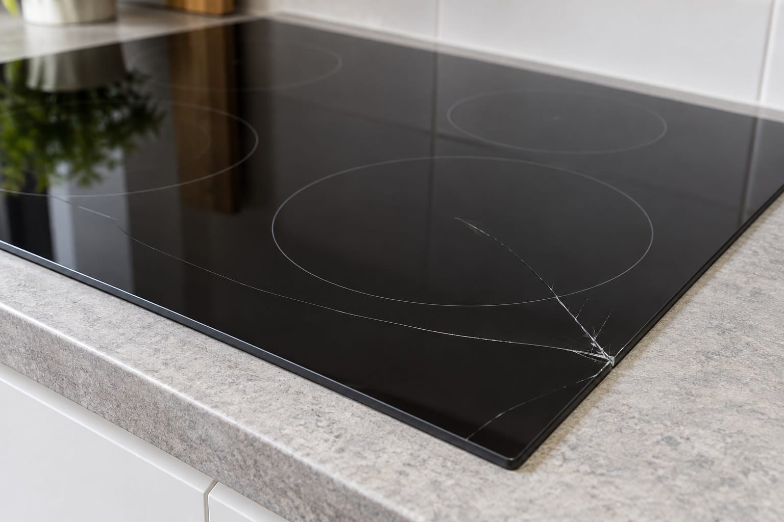 Beschadigde glasplaat van een uitgeschakelde inductiekookplaat